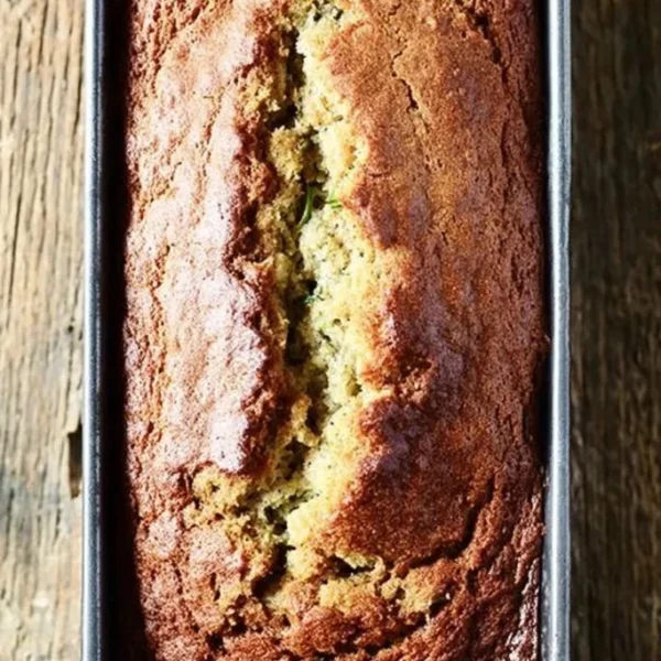 Loaf of super-moist zucchini bread garnished with walnuts on a wooden cutting board.