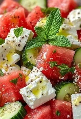 Refreshing watermelon cucumber feta salad served in a bowl with fresh herbs.