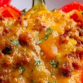 Sloppy Joe stuffed peppers topped with cheese and fresh herbs on a plate